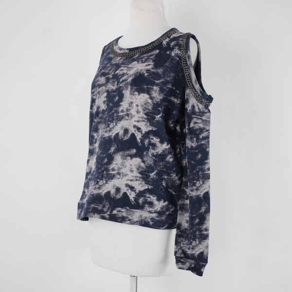 Hologram Sz XS Navy Gray Gunmetal Tie Dye Cold Shoulder 100% Cotton Sweater