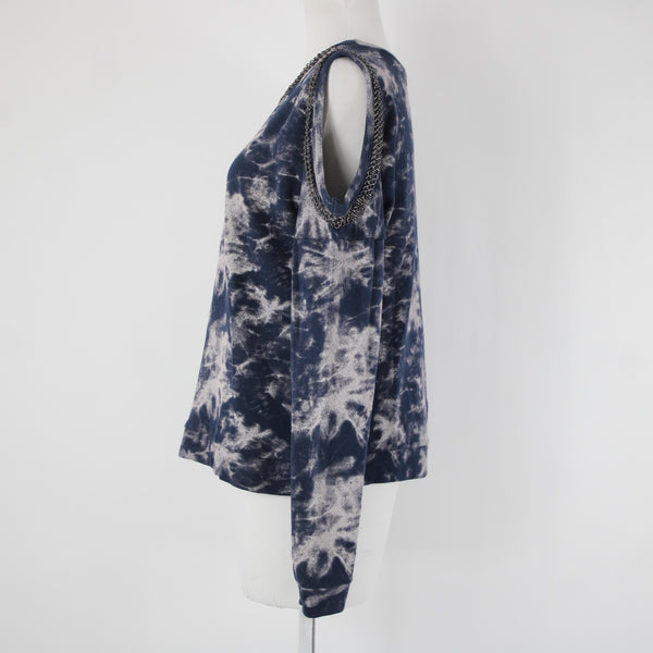 Hologram Sz XS Navy Gray Gunmetal Tie Dye Cold Shoulder 100% Cotton Sweater