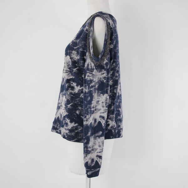 Hologram Sz XS Navy Gray Gunmetal Tie Dye Cold Shoulder 100% Cotton Sweater