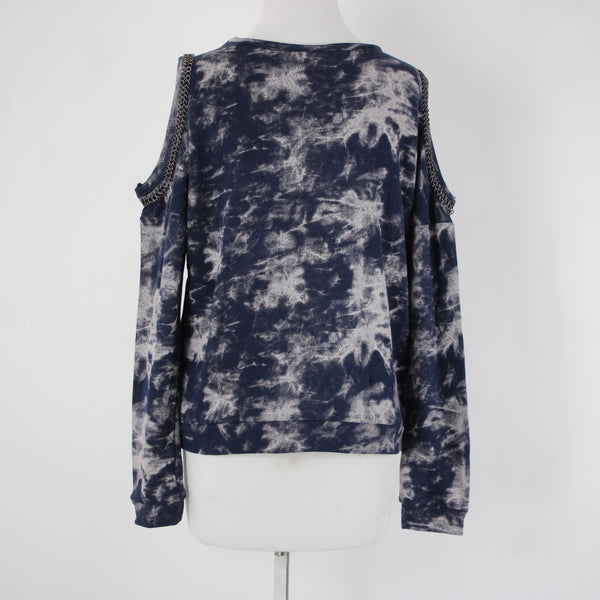 Hologram Sz XS Navy Gray Gunmetal Tie Dye Cold Shoulder 100% Cotton Sweater