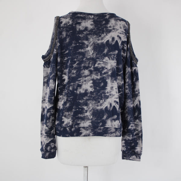 Hologram Sz XS Navy Gray Gunmetal Tie Dye Cold Shoulder 100% Cotton Sweater