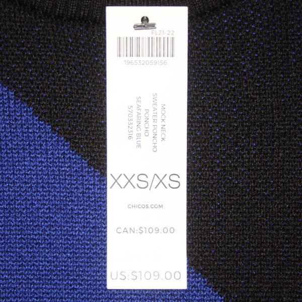Chicos Sweater NEW $109 Sz XXS Black Royal Poncho Mock Neck Acrylic Viscose