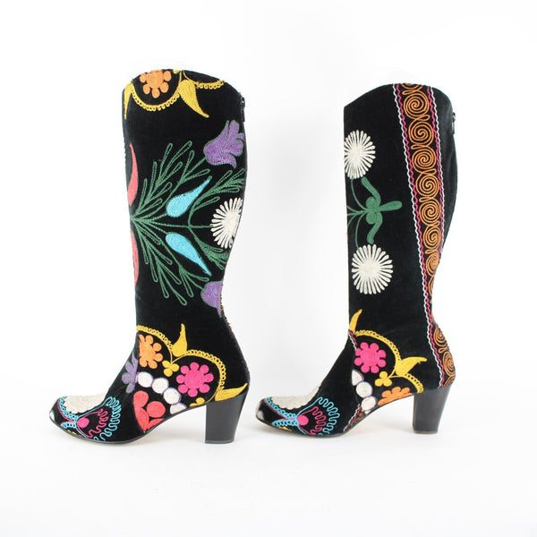 Erkan Demir Artemis Sz 40 Black Multi Color Floral Embroidered Calf High 3" Boot