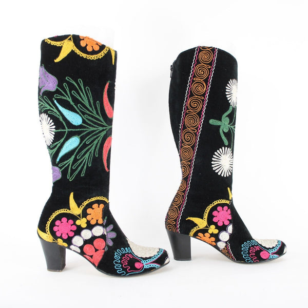 Erkan Demir Artemis Sz 40 Black Multi Color Floral Embroidered Calf High 3" Boot