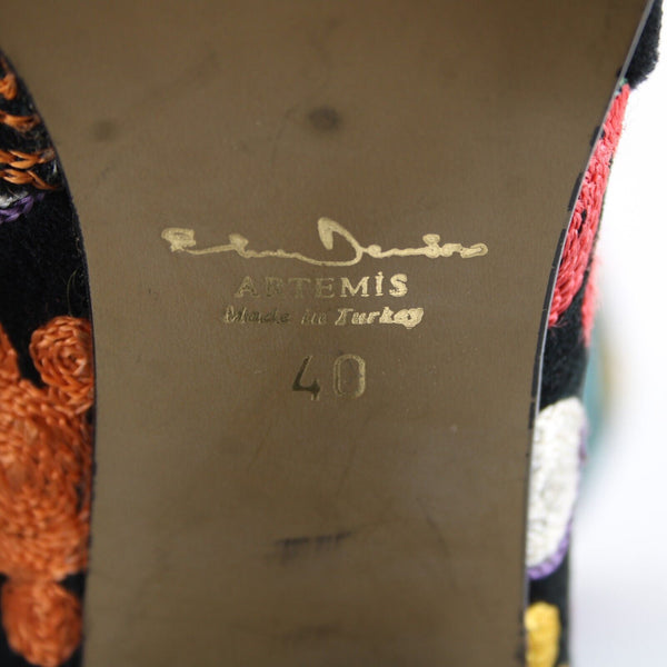 Erkan Demir Artemis Sz 40 Black Multi Color Floral Embroidered Calf High 3" Boot