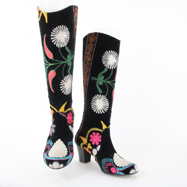 Erkan Demir Artemis Sz 40 Black Multi Color Floral Embroidered Calf High 3" Boot