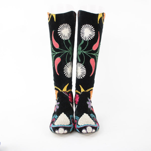 Erkan Demir Artemis Sz 40 Black Multi Color Floral Embroidered Calf High 3" Boot
