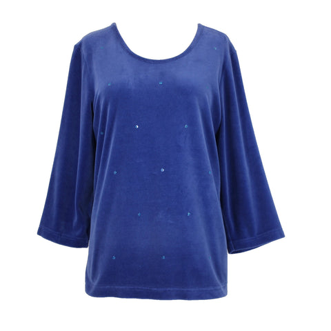 Quacker Factory Sz L Royal Blue Sequin Velour 3/4 Sleeve Cotton Poly Sweater