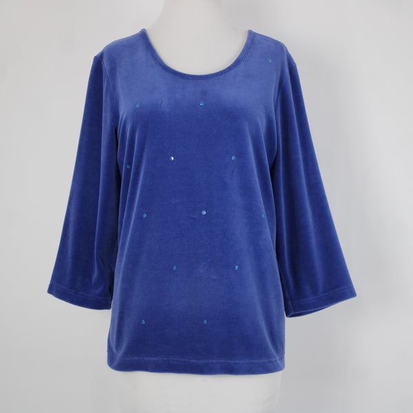 Quacker Factory Sz L Royal Blue Sequin Velour 3/4 Sleeve Cotton Poly Sweater