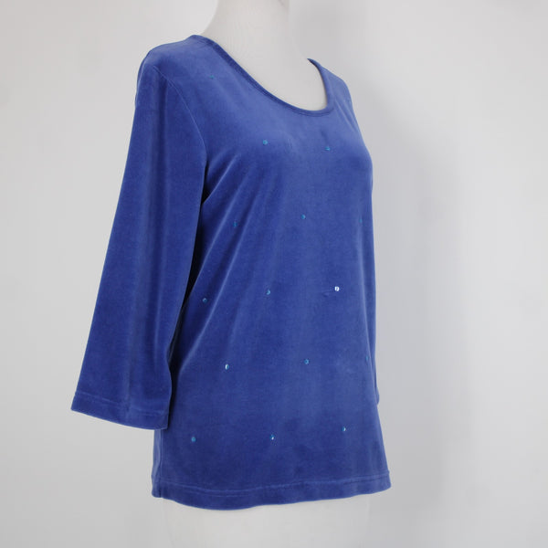 Quacker Factory Sz L Royal Blue Sequin Velour 3/4 Sleeve Cotton Poly Sweater