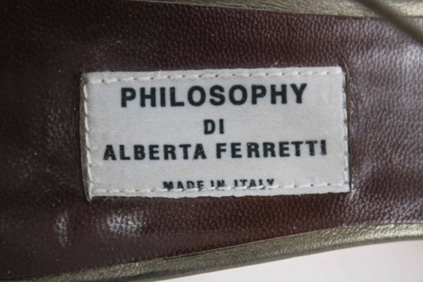 Philosophy Di Alberta Ferretti Sz 35 Olive Kitten Heel Strappy Leather Shoe