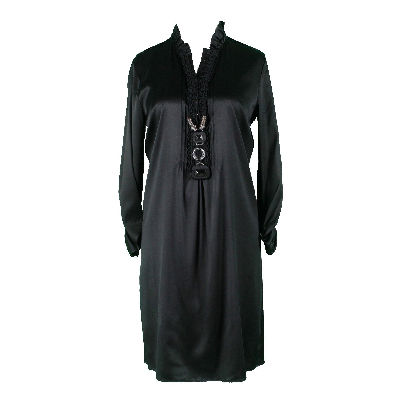 Elie Tahari NEW $448 Sz 4 Black High Neck Ruched Sleeve Mixed Media Silk Dress