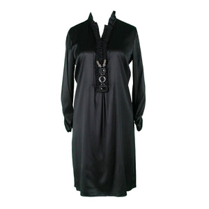 Elie Tahari NEW $448 Sz 4 Black High Neck Ruched Sleeve Mixed Media Silk Dress
