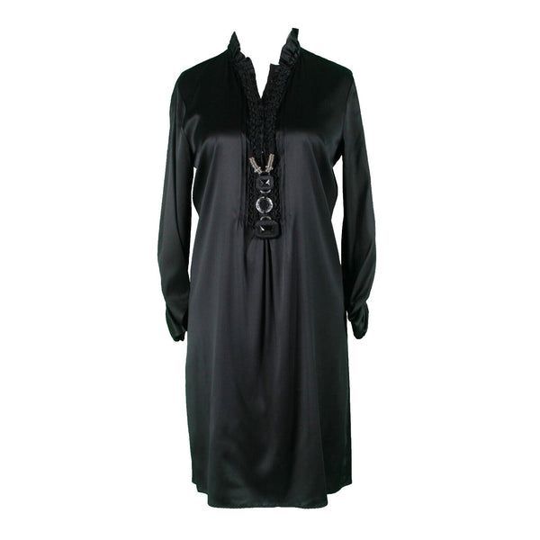 Elie Tahari NEW $448 Sz 4 Black High Neck Ruched Sleeve Mixed Media Silk Dress