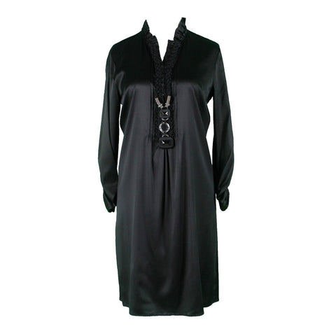 Elie Tahari NEW $448 Sz 4 Black High Neck Ruched Sleeve Mixed Media Silk Dress