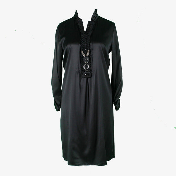 Elie Tahari NEW $448 Sz 4 Black High Neck Ruched Sleeve Mixed Media Silk Dress