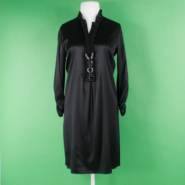 Elie Tahari NEW $448 Sz 4 Black High Neck Ruched Sleeve Mixed Media Silk Dress