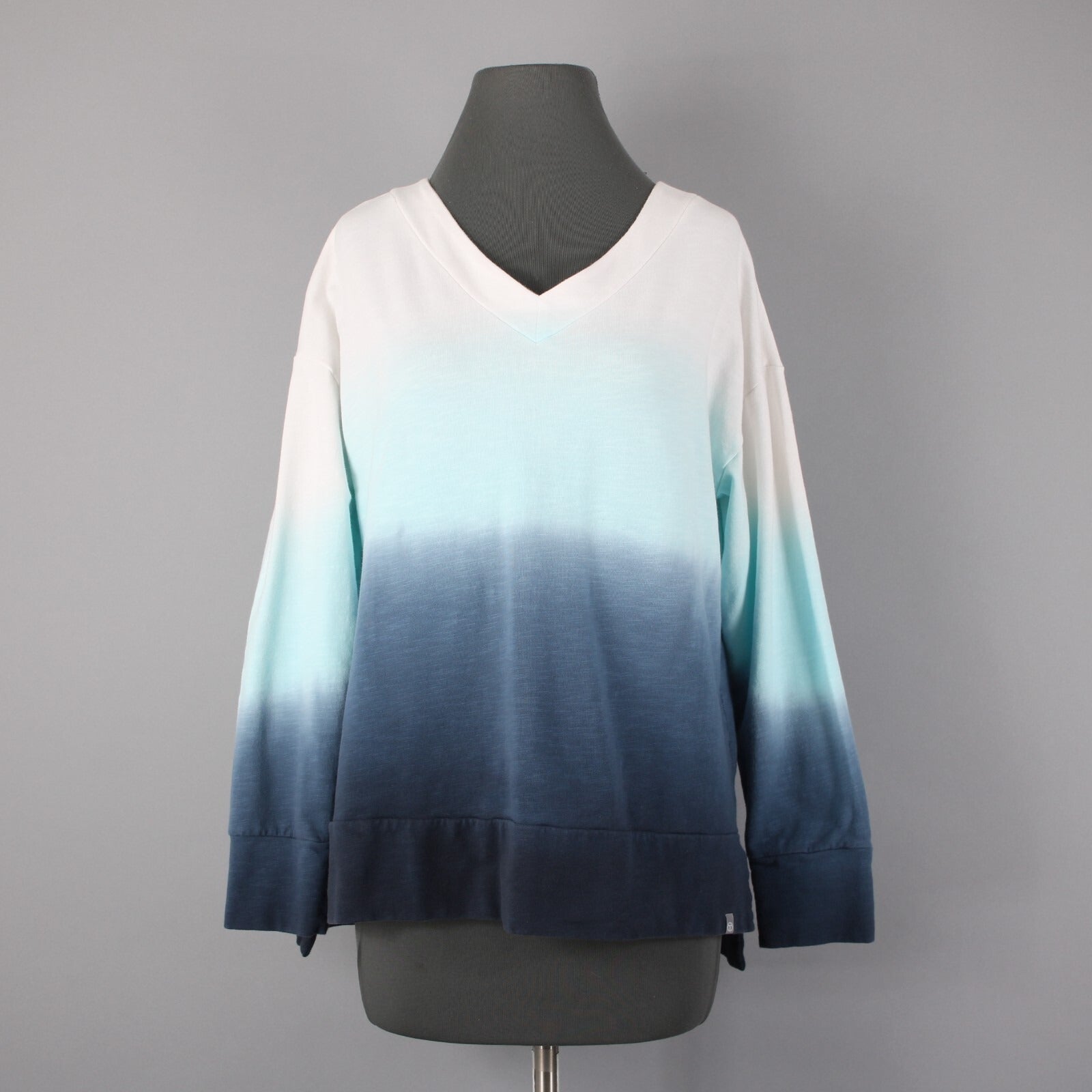 T by Talbots Sz Mp White Aqua Navy Blue Ombre Cotton Blend Sweat Shirt Sweater