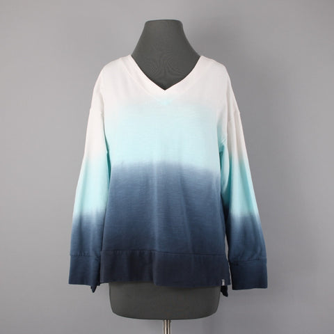 T by Talbots Sz Mp White Aqua Navy Blue Ombre Cotton Blend Sweat Shirt Sweater