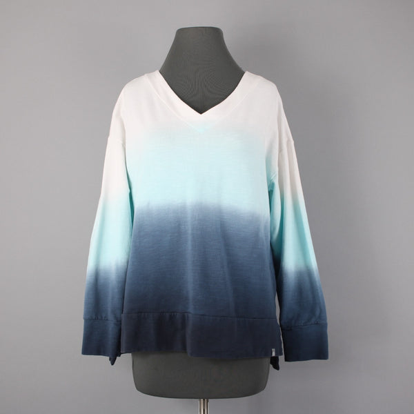 T by Talbots Sz Mp White Aqua Navy Blue Ombre Cotton Blend Sweat Shirt Sweater
