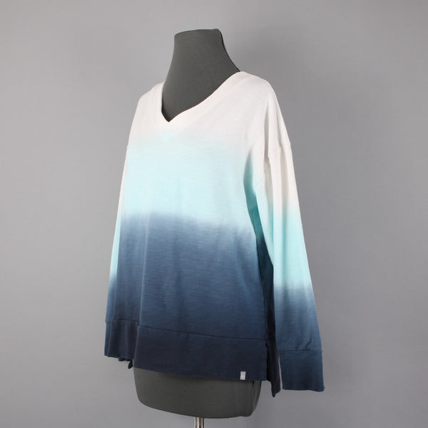 T by Talbots Sz Mp White Aqua Navy Blue Ombre Cotton Blend Sweat Shirt Sweater