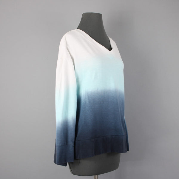 T by Talbots Sz Mp White Aqua Navy Blue Ombre Cotton Blend Sweat Shirt Sweater