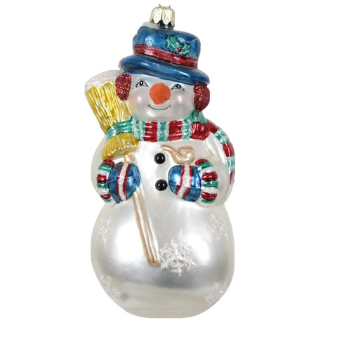 Snowman With Broom 7.5" Glass Christmas Holiday Winter Tree Ornament