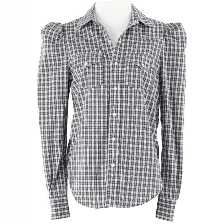 Greyson NEW $313 Sz XS White Olive Navy Plaid Cotton Blend Trend Top