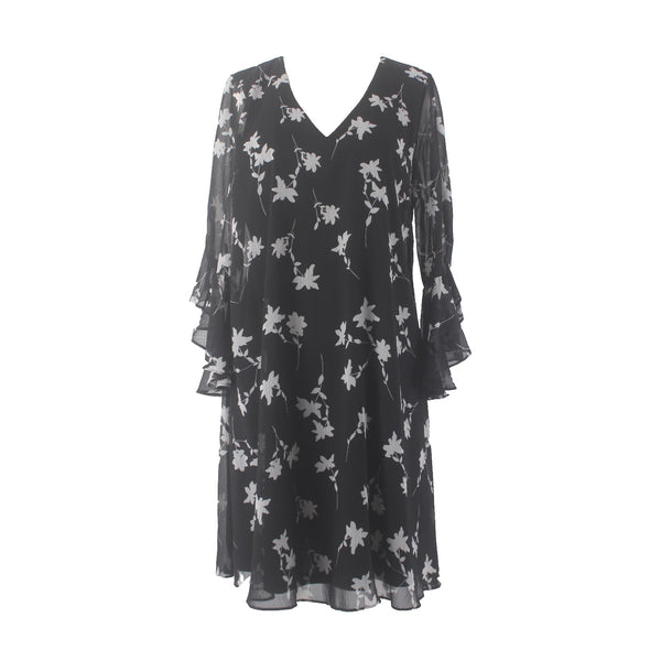 Calvin Klein Dress Sz 14 Black White Floral V Neck Lined 100% Polyester Dress