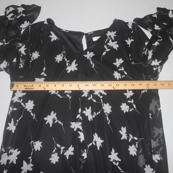 Calvin Klein Dress Sz 14 Black White Floral V Neck Lined 100% Polyester Dress