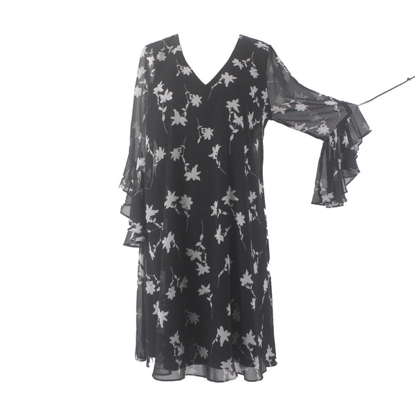 Calvin Klein Dress Sz 14 Black White Floral V Neck Lined 100% Polyester Dress