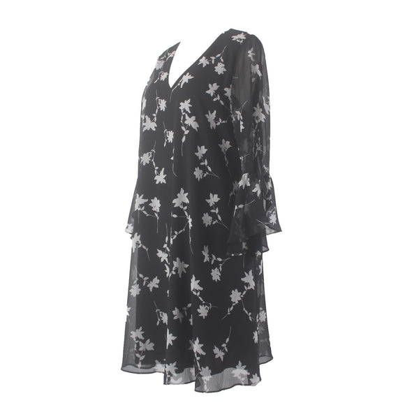 Calvin Klein Dress Sz 14 Black White Floral V Neck Lined 100% Polyester Dress