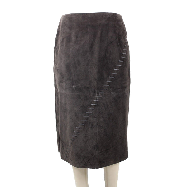 Kenar NEW Sz 14 Brown Top Stitch Detail 100% Leather Polyester Lined Midi Skirt