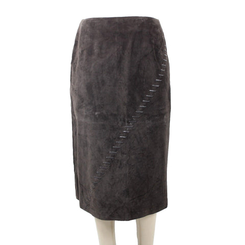 Kenar NEW Sz 14 Brown Top Stitch Detail 100% Leather Polyester Lined Midi Skirt
