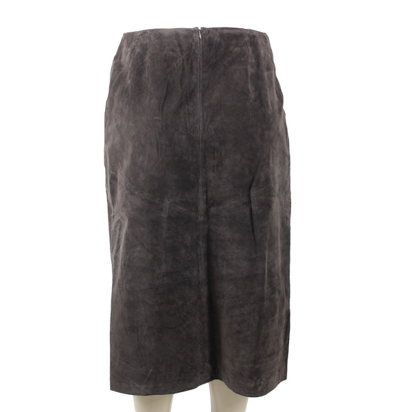 Kenar NEW Sz 14 Brown Top Stitch Detail 100% Leather Polyester Lined Midi Skirt