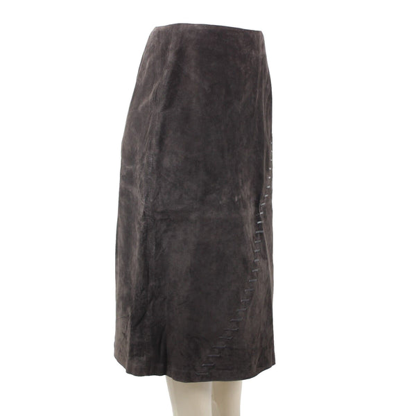 Kenar NEW Sz 14 Brown Top Stitch Detail 100% Leather Polyester Lined Midi Skirt