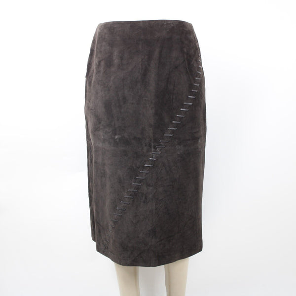 Kenar NEW Sz 14 Brown Top Stitch Detail 100% Leather Polyester Lined Midi Skirt