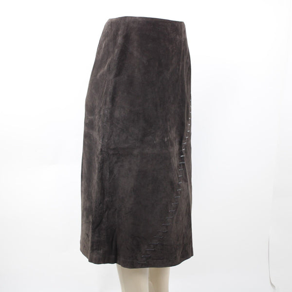 Kenar NEW Sz 14 Brown Top Stitch Detail 100% Leather Polyester Lined Midi Skirt