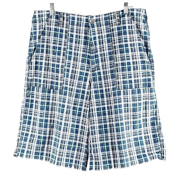Paper Denim & Cloth Sz 34 x 11.5 Navy Multi Plaid 100% Cotton Frayed Shorts