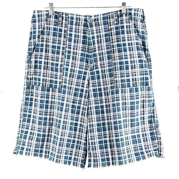 Paper Denim & Cloth Sz 34 x 11.5 Navy Multi Plaid 100% Cotton Frayed Shorts