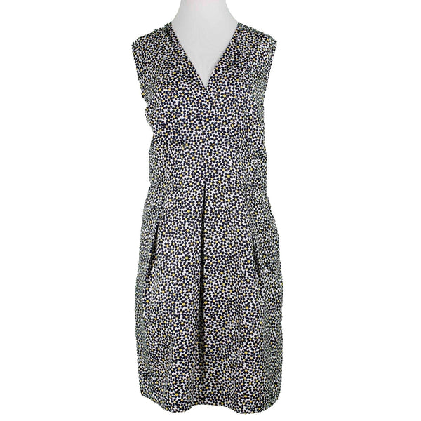 Karen Walker Hi There Sz 12 Blue Multi Pockets Pleated Lined V Neck Poly Dress