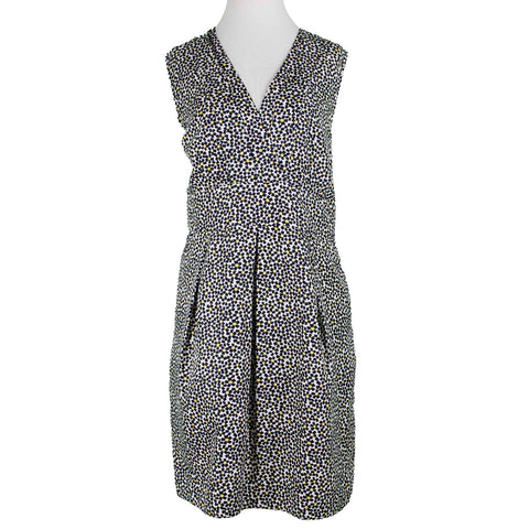 Karen Walker Hi There Sz 12 Blue Multi Pockets Pleated Lined V Neck Poly Dress