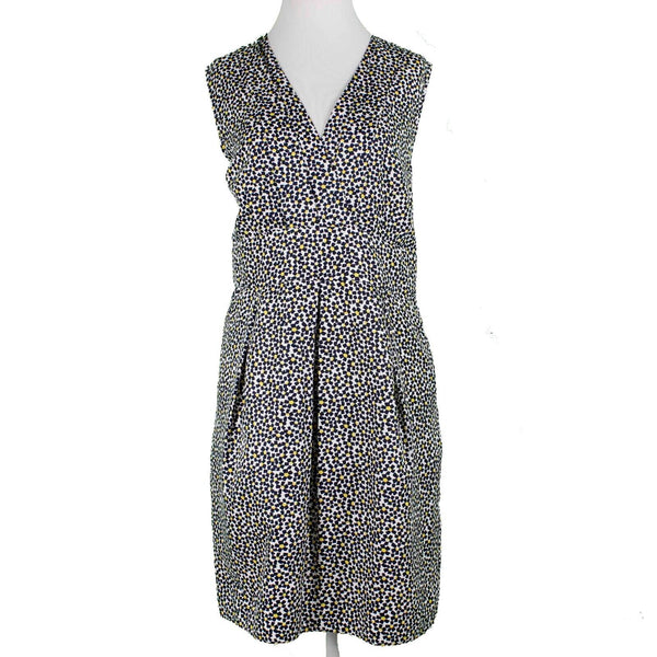 Karen Walker Hi There Sz 12 Blue Multi Pockets Pleated Lined V Neck Poly Dress