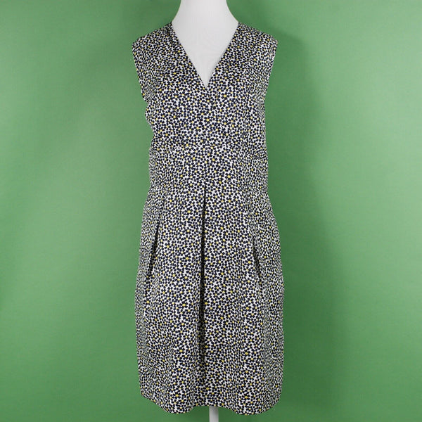 Karen Walker Hi There Sz 12 Blue Multi Pockets Pleated Lined V Neck Poly Dress