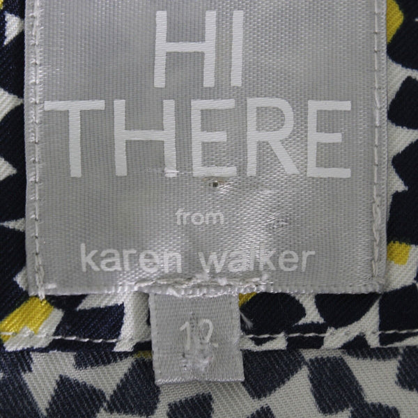 Karen Walker Hi There Sz 12 Blue Multi Pockets Pleated Lined V Neck Poly Dress
