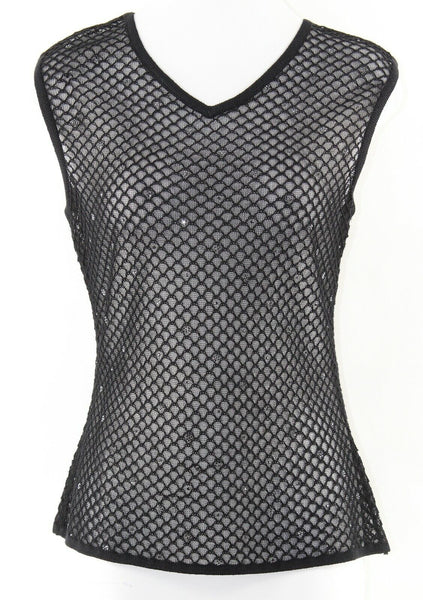 St John M Black Sheer Diamond Knitted Mesh Rhinestone Detail Top