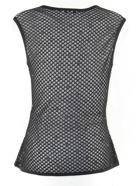 St John M Black Sheer Diamond Knitted Mesh Rhinestone Detail Top