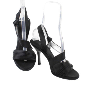 Nina Sz 9M Black Satin 4.5" High Heel Open Toe Slingback Heels