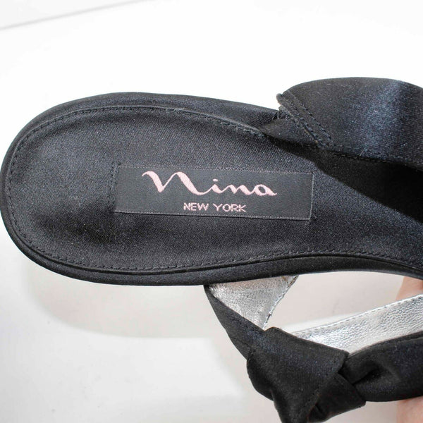 Nina Sz 9M Black Satin 4.5" High Heel Open Toe Slingback Heels