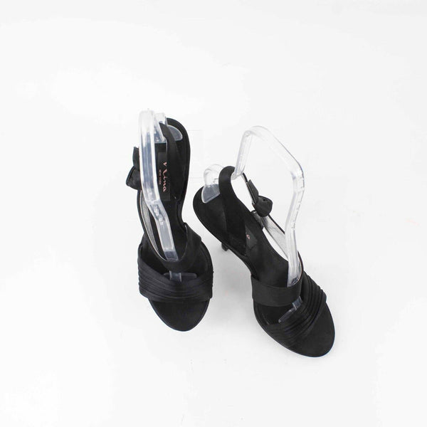 Nina Sz 9M Black Satin 4.5" High Heel Open Toe Slingback Heels